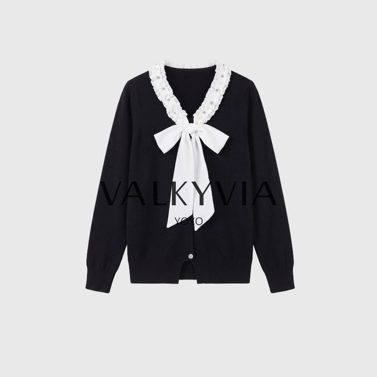 【Valkyvia/يويو الفاخرة】بلوزة محبوكة فاخرة وخفيفة من الصوف مرصعة بالأحجار الكريمة واللؤلؤ 663013