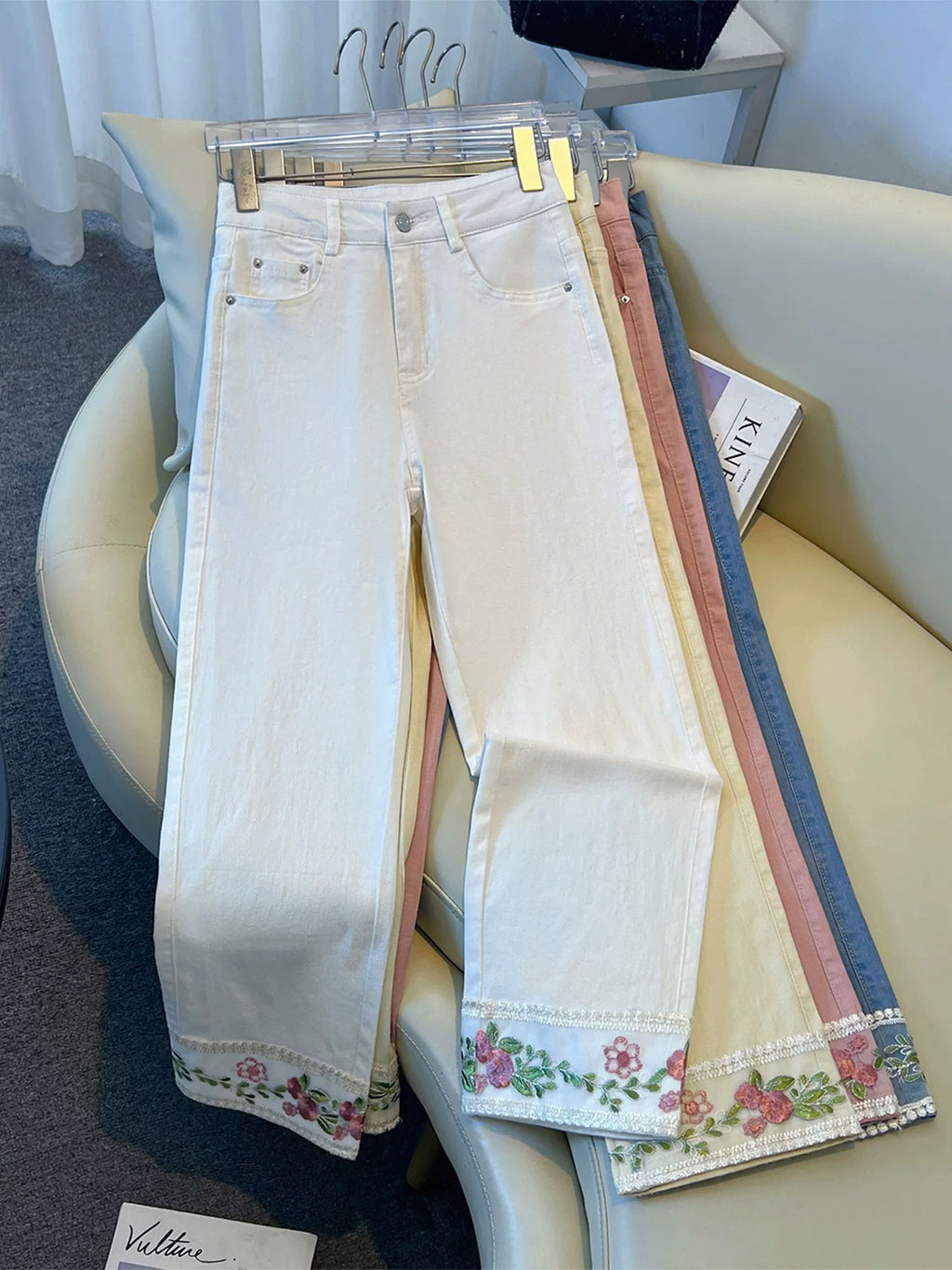 White national style lace embroidered straight jeans women's 2026 summer high waist and thin small eight-point pipe pants