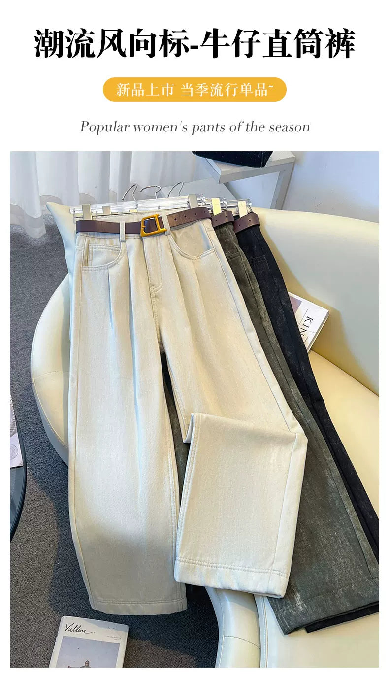 Design pleated high-waisted wide-leg jeans women's 2026 winter new loose and thin velvet casual straight-leg pants