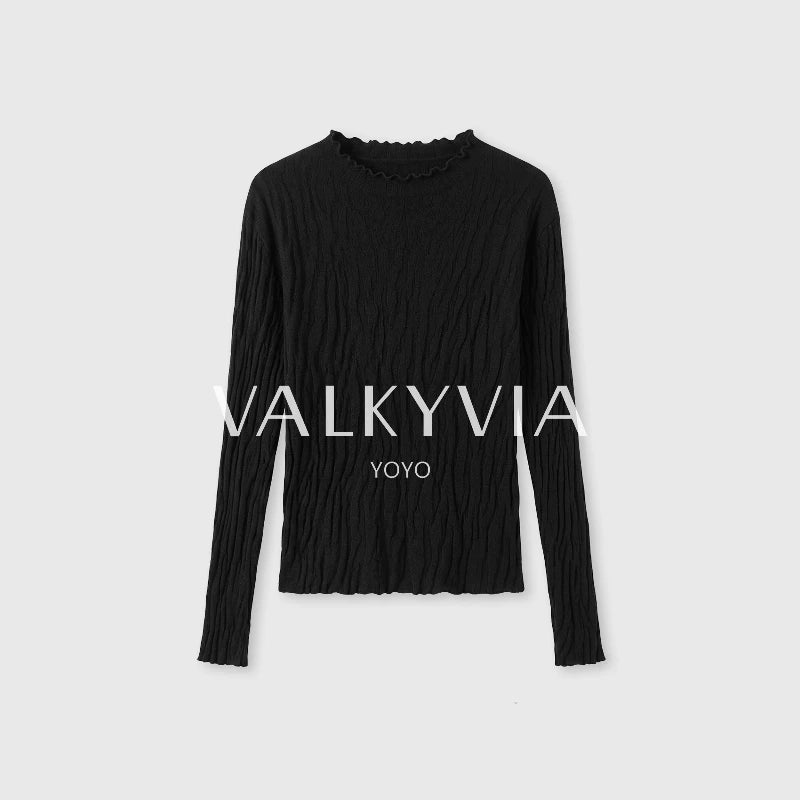 [Valkyvia/Yoyo] بلوزة محبوكة مضلعة بنقشة الفطر الصوفية، بياقة نصف عالية وحافة متموجة، 263403