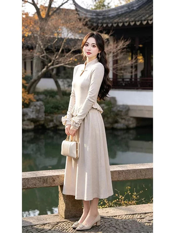 Ruirui Custom “Camellias Are in Bloom” Zipperless French-Style Cinched-Waist Elegant Casual Dress D11924