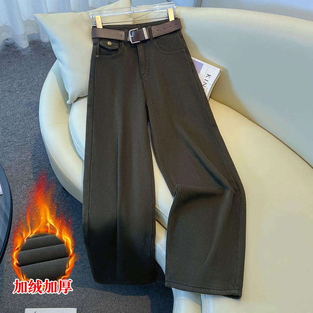 Retro dark coffee denim straight-leg pants women's 2026 winter new velvet high-waisted thin loose casual wide-leg pants