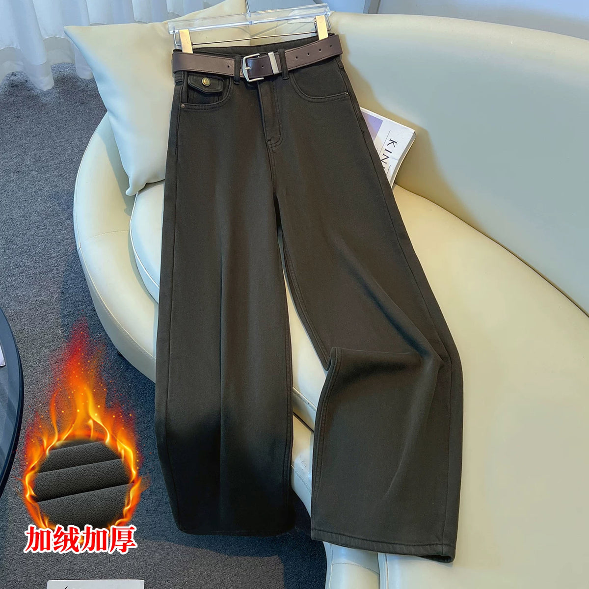 Retro dark coffee denim straight-leg pants women's 2026 winter new velvet high-waisted thin loose casual wide-leg pants