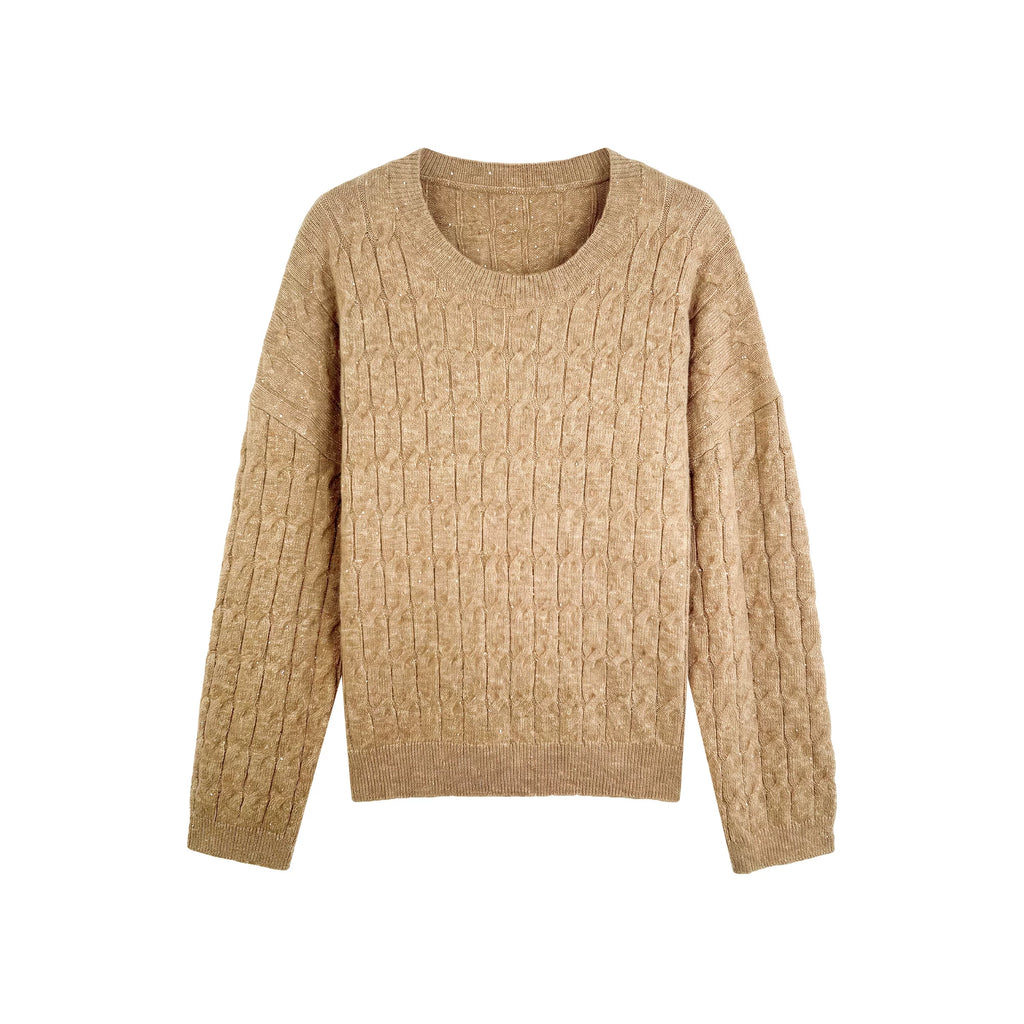 [Mina Exclusive] [Caramel Flash Weaving] Wool gilt fine flash round neck twist knitted sweater 263026