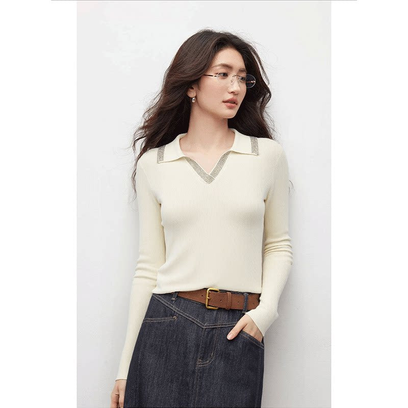 [Mina Exclusive] Design Hot Diamond Small Lapel Versatile Lyocell Knitted Top M361080