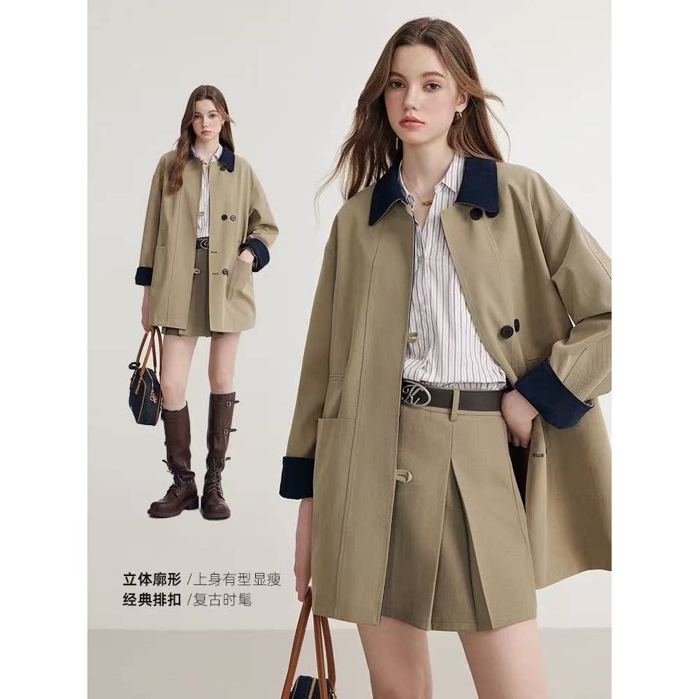 [Bin Bin Exclusive] [Camden Trench Coat] Lyocell Cotton Retro Contrast Color Medium and Long Trench Coat M26006