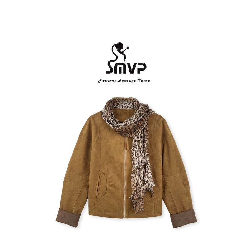[Bin Bin Exclusive] [Leopard Print Brown] Retro round neck zipper leopard print scarf loose coat 263365