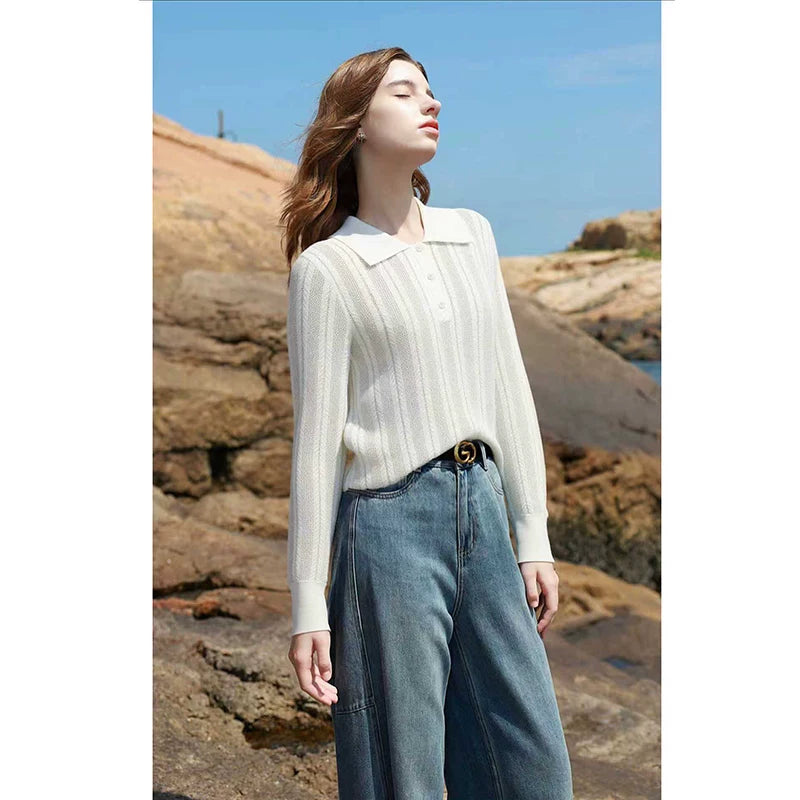 [Bin Bin Exclusive] [Weaving Overture] Simple Temperament POLO Neck Lyocell Knitted Top M361088