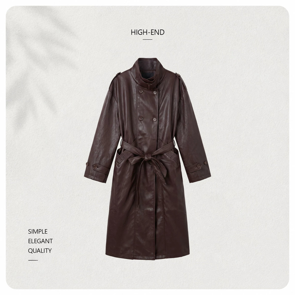 [Bin Bin Exclusive] [Coffee Shadow Bundle Wind] Retro Stand-Up Collar Double-Breasted Long Leather Jacket 263382
