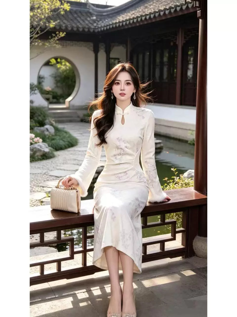 Ruirui Custom [Falling Flowers as a Message] Zipperless [Fleece-Lined and Thickened] New Chinese Style Qipao Dress for Women D4611