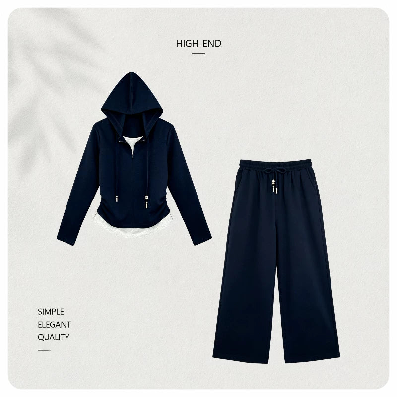 [Valkyvia/Yoyo] Skinny pleated fake two-piece hooded top pants set 862505