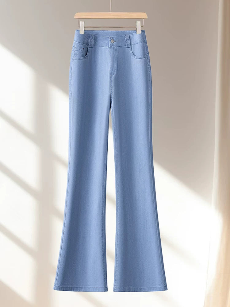 Tencel straight and slightly pulled jeans women's 2026 summer new small cool ice silk thin high-waisted horseshoe pants