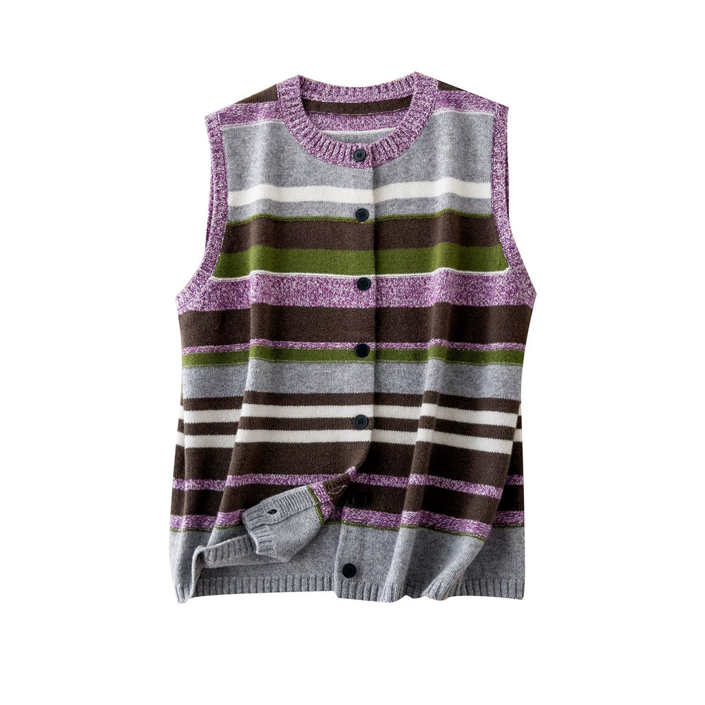 رفيق مثالي لتنسيقات الطبقات! سترة نسائية بدون أكمام من الكشمير وصوف الغنم، بنسيج محبوك مخطط باللونين البنفسجي والأخضر بتناغم ألوان كلاسيكي