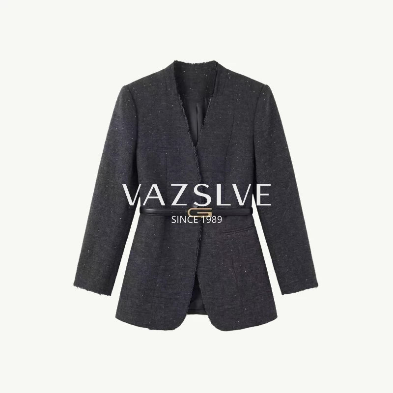 [VAZSLVE/New Luxury Products] Wool Premium Breaking Star Deep V Thin Belt Waist Jacket 263362