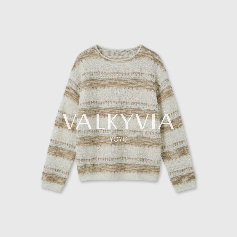 【Valkyvia/悠悠奢品】羊毛复古条纹撞色圆领花纱针织衫263457