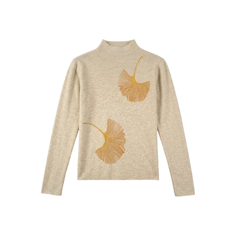 [Valkyvia/Yoyo] National style ginkgo embroidered semi-turtleneck soft waxy slim-fitting knitted top 263454