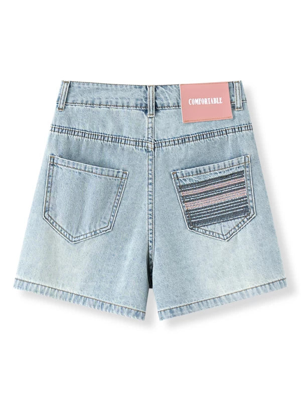 Washed light blue retro denim shorts women's 2026 summer new high-waisted and thin versatile casual A-shaped wide-leg pants