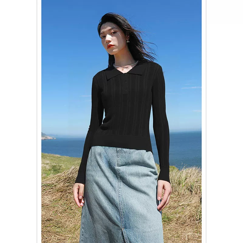 [Bin Bin Exclusive] [Weaving Overture] Simple Temperament POLO Neck Lyocell Knitted Top M361088