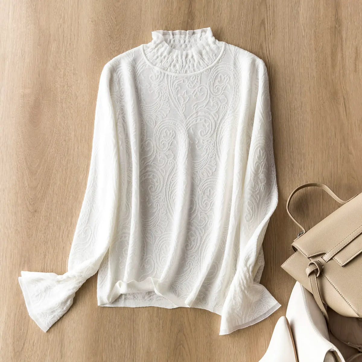 Gentle White Moonlight – So Easy to Style! Floral Lace Jacquard Knit Long-Sleeve Mock-Neck Base Layer for Women