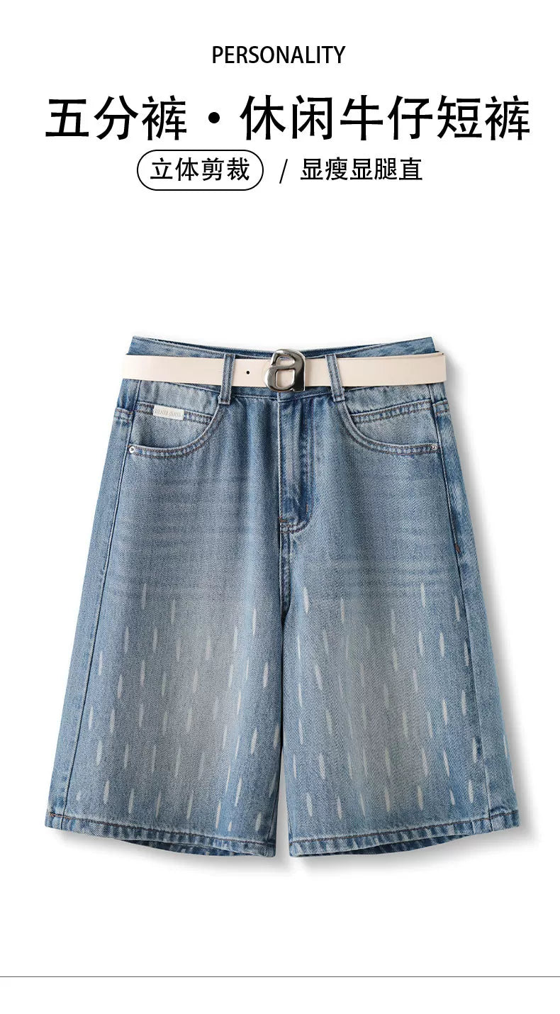 American retro washed jeans women's 2026 new summer thin high waist loose wide legs straight five-point shorts