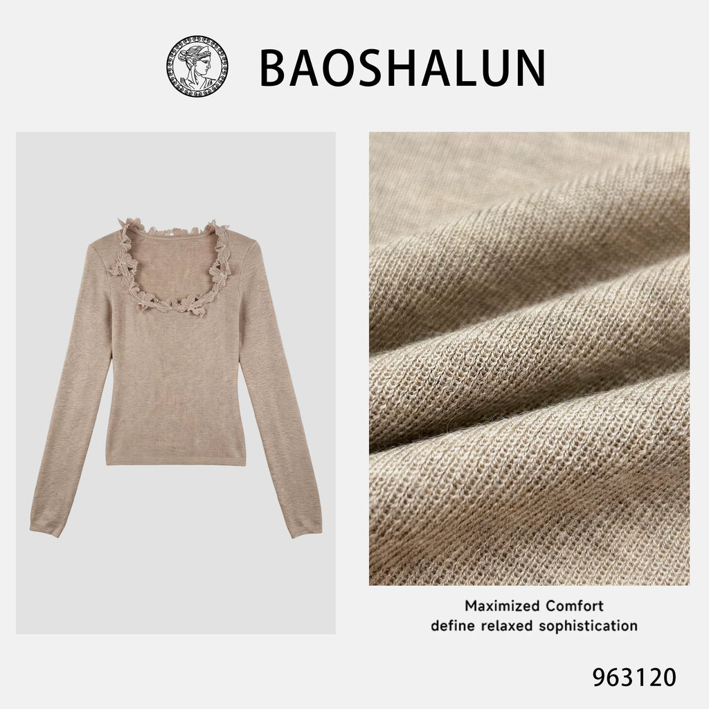 [Daxia haute couture] [Warm tea narrative] French lazy wool lace splicing woolen bottoming top 963120