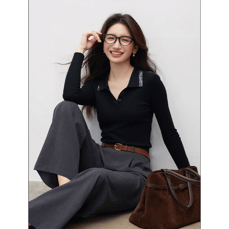 [Mina Exclusive] Design Hot Diamond Small Lapel Versatile Lyocell Knitted Top M361080