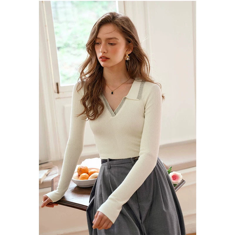 [Mina Exclusive] Design Hot Diamond Small Lapel Versatile Lyocell Knitted Top M361080