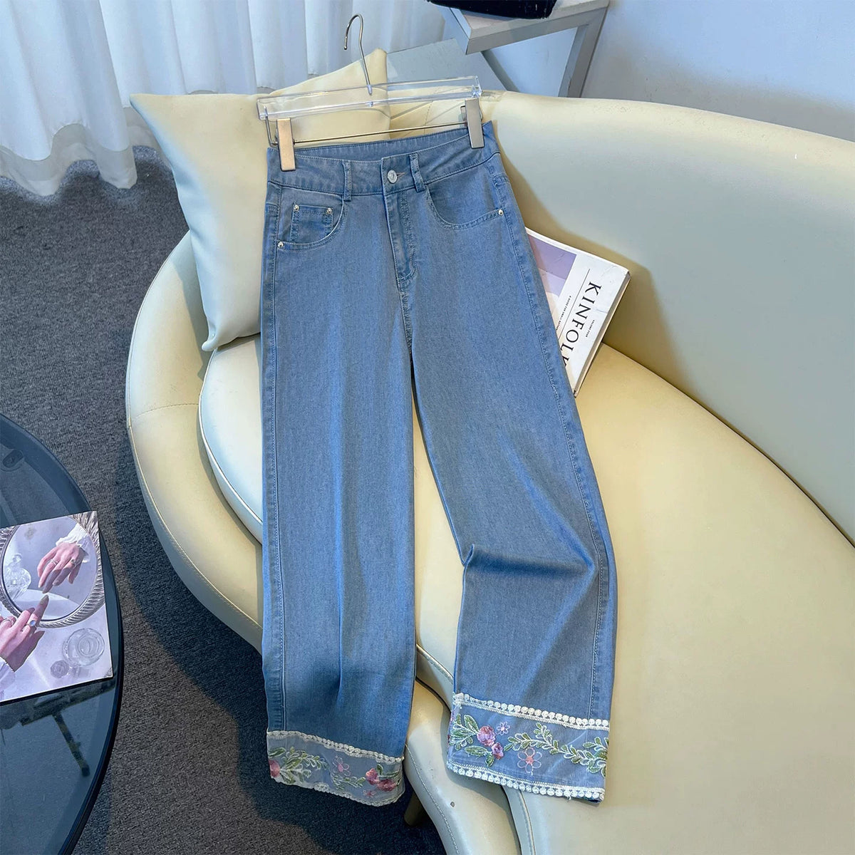 White national style lace embroidered straight jeans women's 2026 summer high waist and thin small eight-point pipe pants