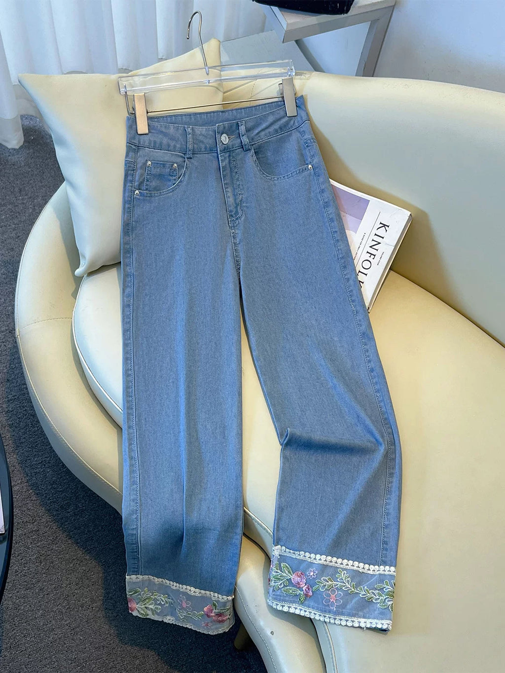White national style lace embroidered straight jeans women's 2026 summer high waist and thin small eight-point pipe pants