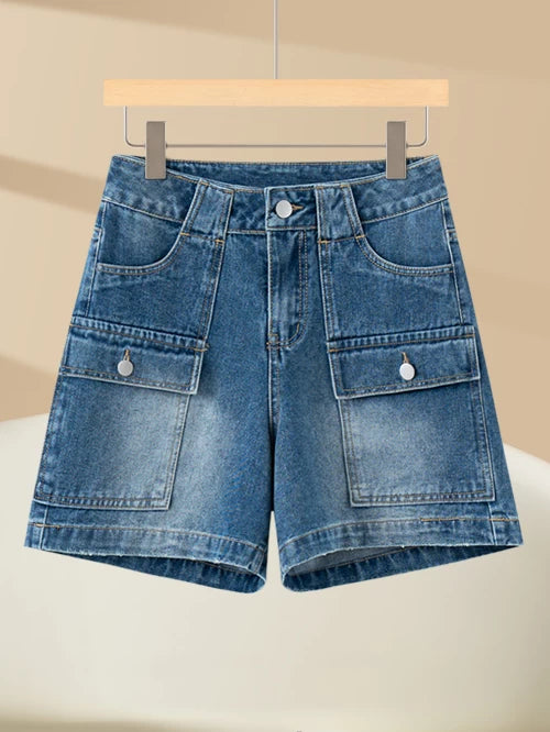 American retro design denim shorts women's 2026 summer new high-waisted and thin versatile straight overalls