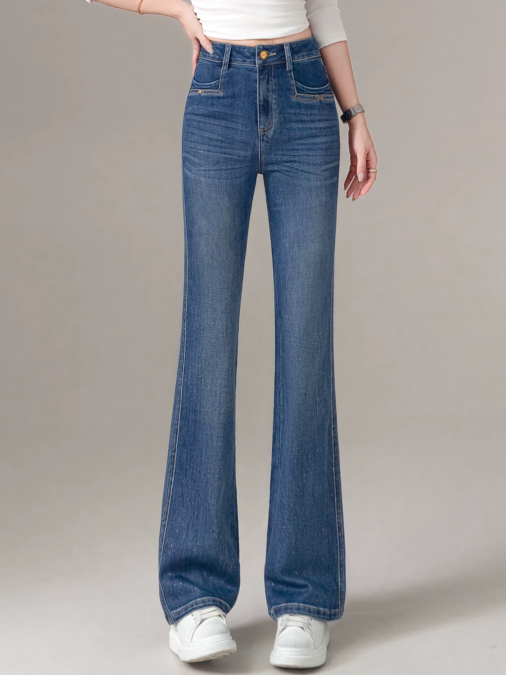 High-end shiny bronzing powder slightly pulled jeans women's 2026 spring and autumn new slim-fitting and thin high-waisted flared pants