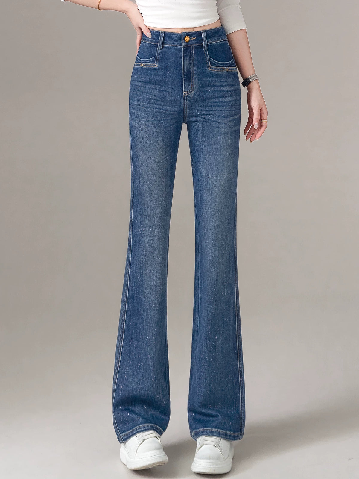 High-end shiny bronzing powder slightly pulled jeans women's 2026 spring and autumn new slim-fitting and thin high-waisted flared pants