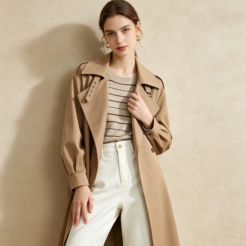 【Valkyvia/Yoyo Luxury】Elegant Wide-Lapel Khaki Long Belted Trench Coat 263415
