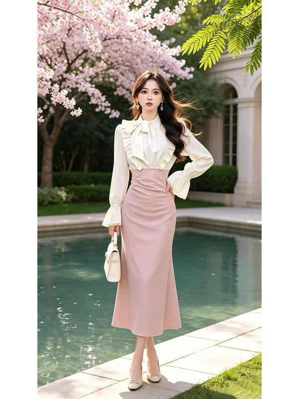 ري ري المخصص [تاو تشي ياو ياو] تصميم قطعتين ظاهرياً بلونين مع كشكش عند الخصر فستان نحيف D11712