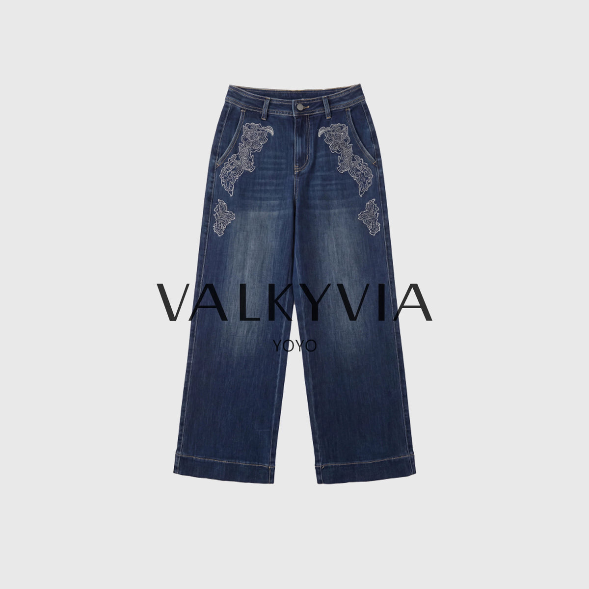 【Valkyvia/يويو للسلع الفاخرة】بنطلون جينز مستقيم فريد وعصري بتطريز مرصع بالأحجار 263083