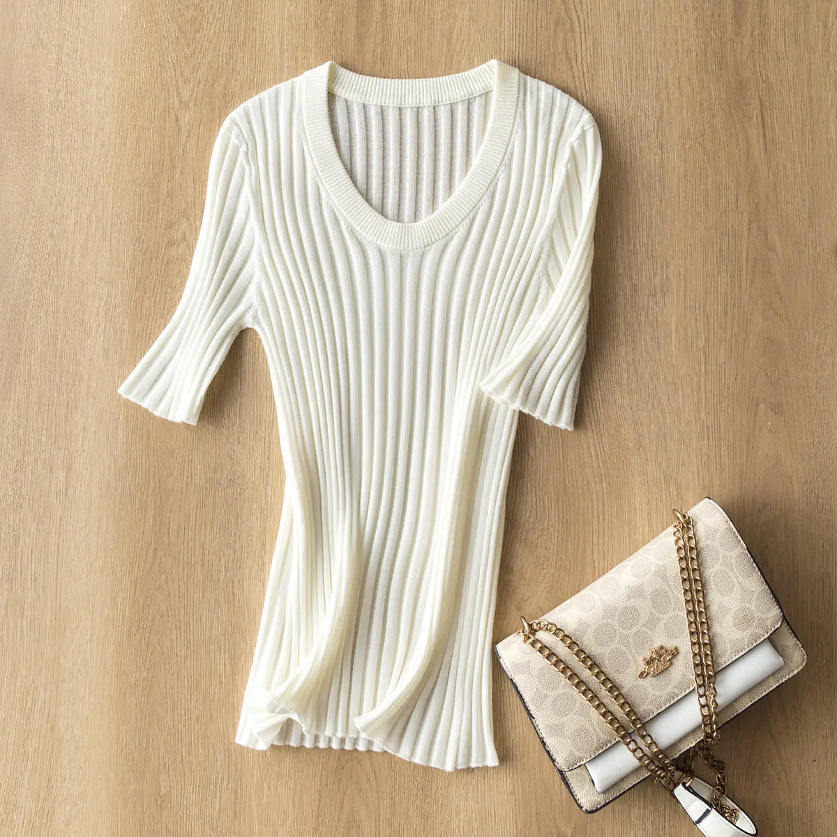 Sen Huxi Fine-Spun Extra-Fine Wool Elegant Minimalist Textured Slimming Vertical-Ribbed Half-Sleeve Spoon-Neck Sophisticated Lightweight Knit Top
