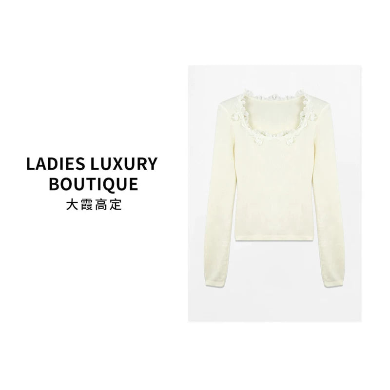[Daxia haute couture] [Warm tea narrative] French lazy wool lace splicing woolen bottoming top 963120