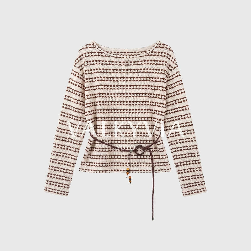[Valkyvia/Yoyo] Lazy Striped Hollow Crew Neck Contrasting Knitted T-Shirt 963053