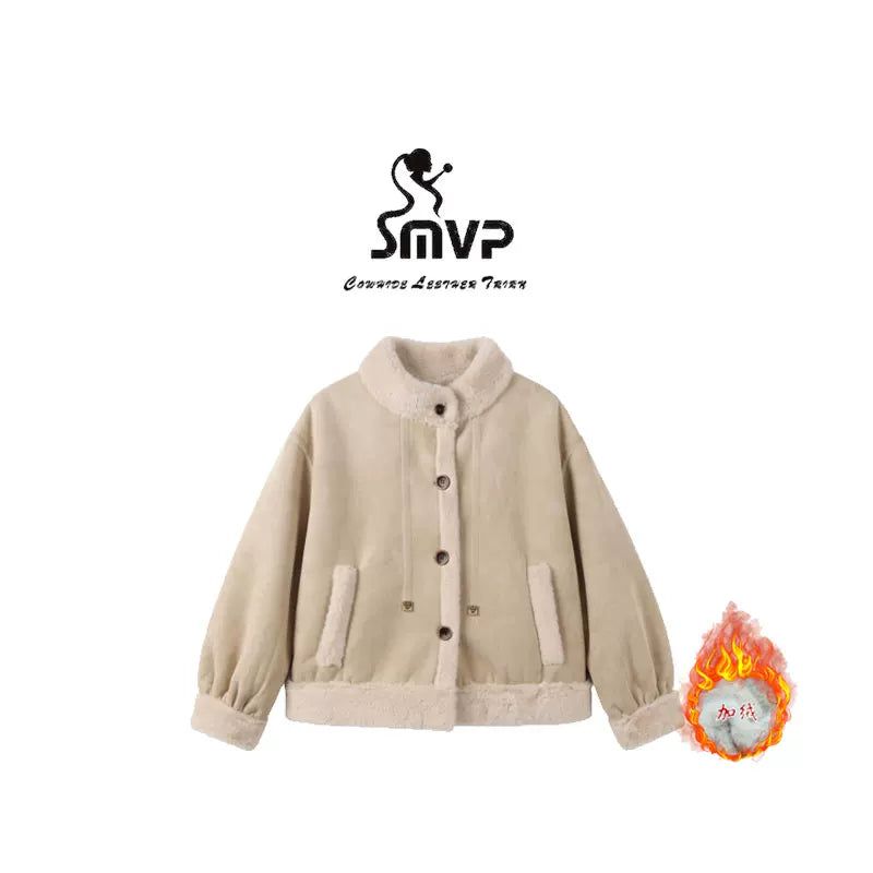 [Exclusive to Binbin] Vintage Maillard stand-up collar thickened short jacket 263527