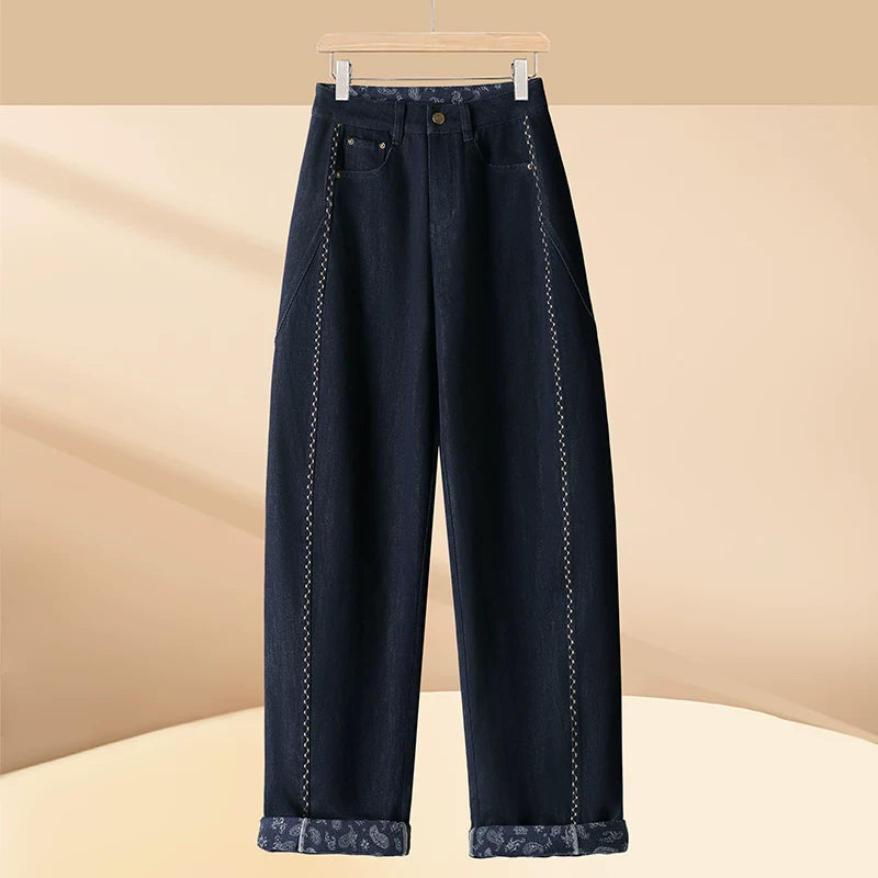 Denim Blue Bright Line Curling Scimitar Jeans Women's 2026 Autumn New Loose and Skinny Versatile High Waist Wide Leg Pants