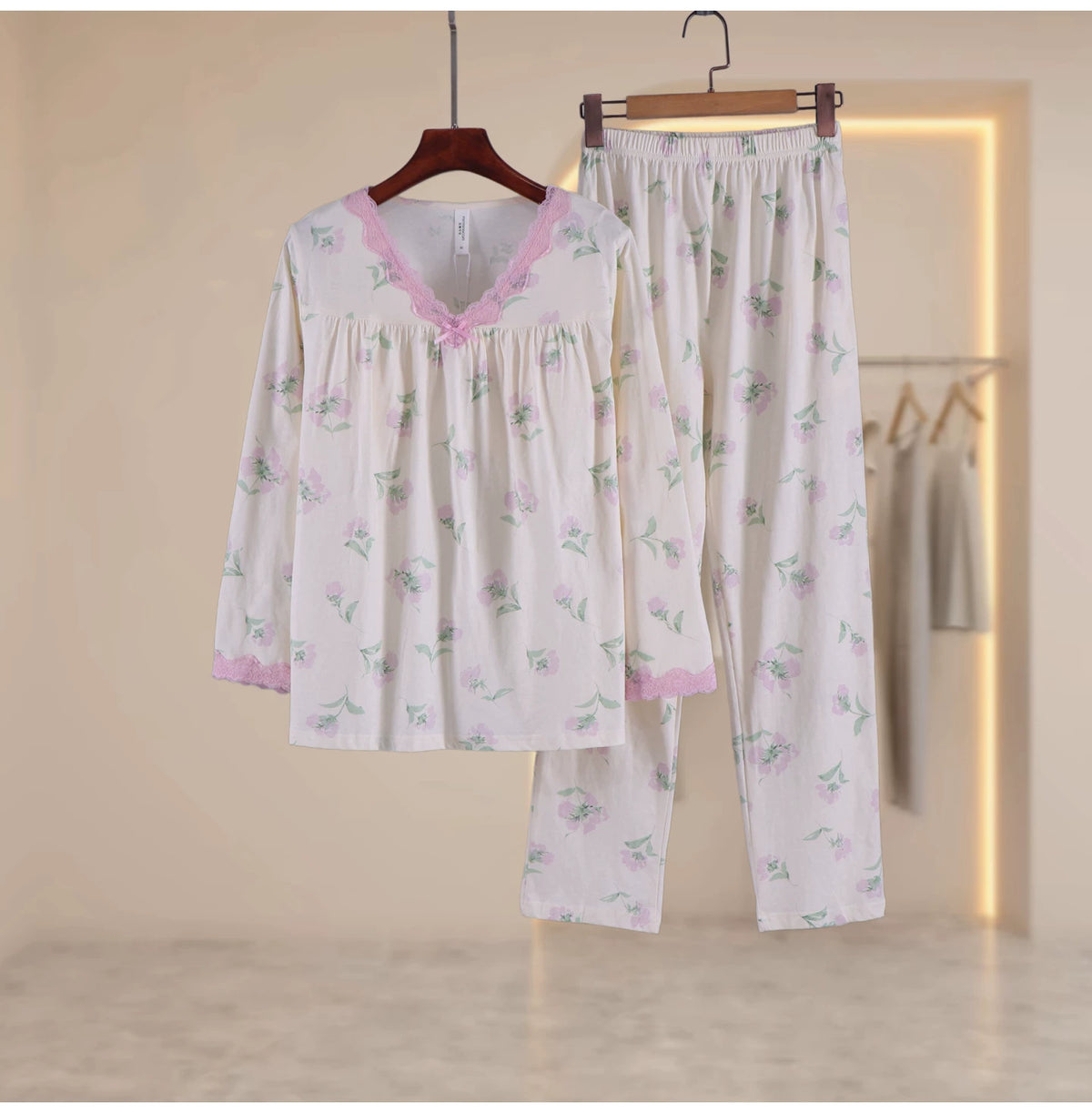 Women's 100% Cotton Pajama Set – Long Sleeve V-Neck with Lace Trim & Bow, Matching Floral Pants