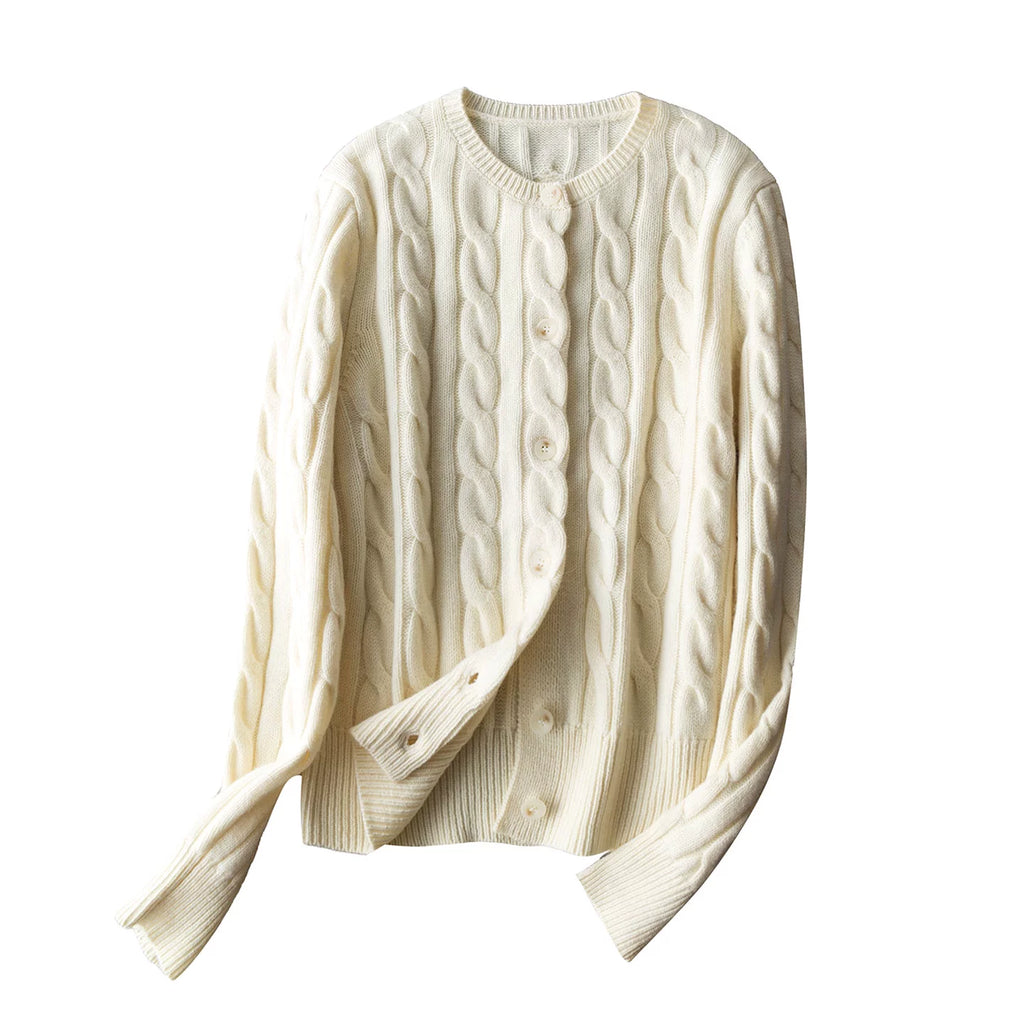 "Laf Cable-Knit Collection" Old Money Style Thickened 100% Wool Classic Cable-Knit Cardigan-Style Crew-Neck Knit Sweater