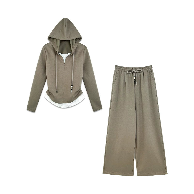 [Valkyvia/Yoyo] Skinny pleated fake two-piece hooded top pants set 862505