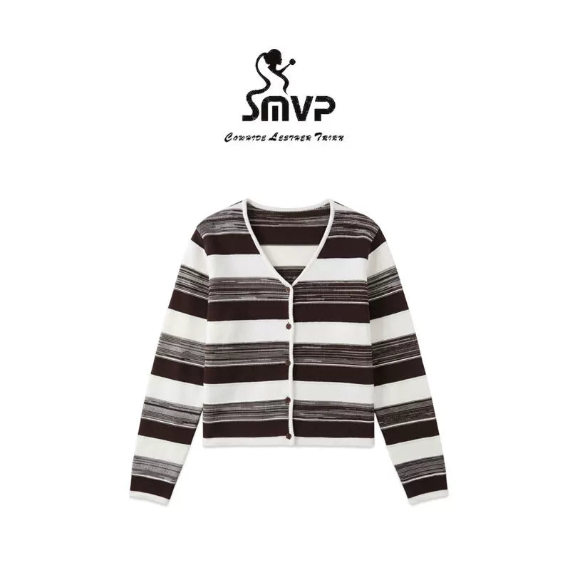 [Bin Bin Exclusive] Wool Korean foreign-style contrasting striped V-neck knitted sweater 263492