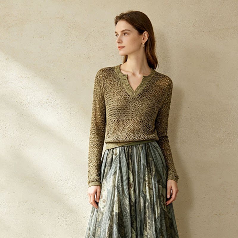 [Mina Exclusive] Old Money Design Sense Hollow Light Luxury Versatile Wool Top 963102