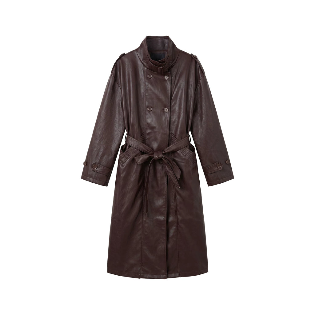 [Bin Bin Exclusive] [Coffee Shadow Bundle Wind] Retro Stand-Up Collar Double-Breasted Long Leather Jacket 263382