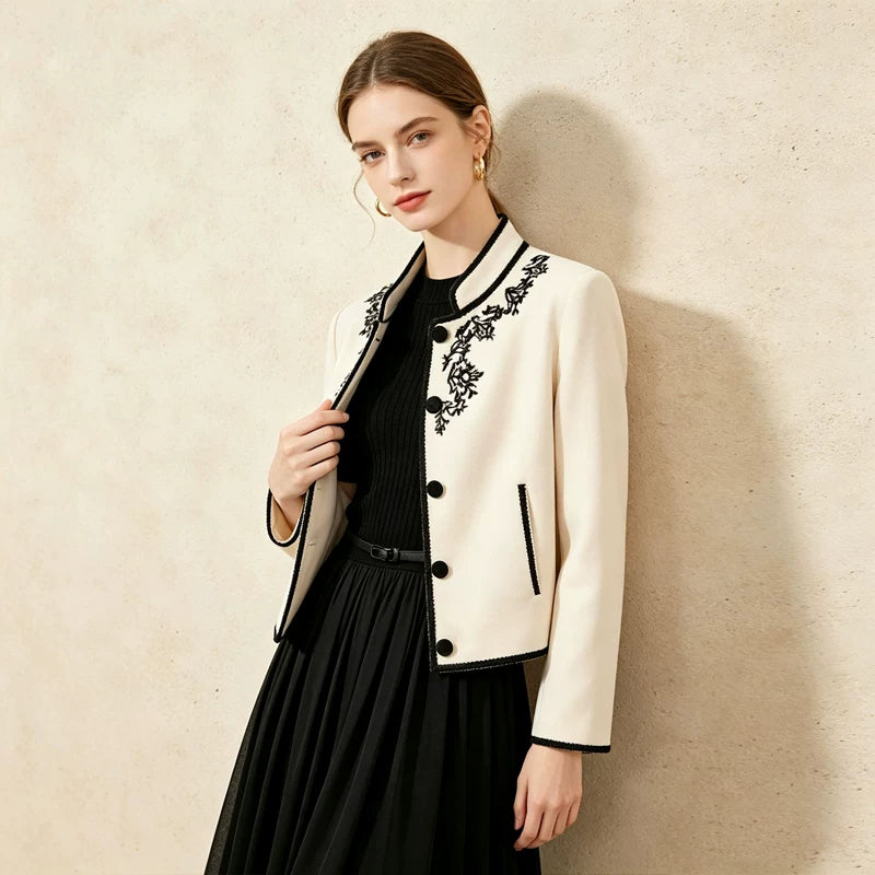 [Mina Exclusive] [Ink Embroidery Zhiyu] Elegant Temperament Heavy Industry Contrast Color Embroidery Small Stand-up Collar Jacket 363207