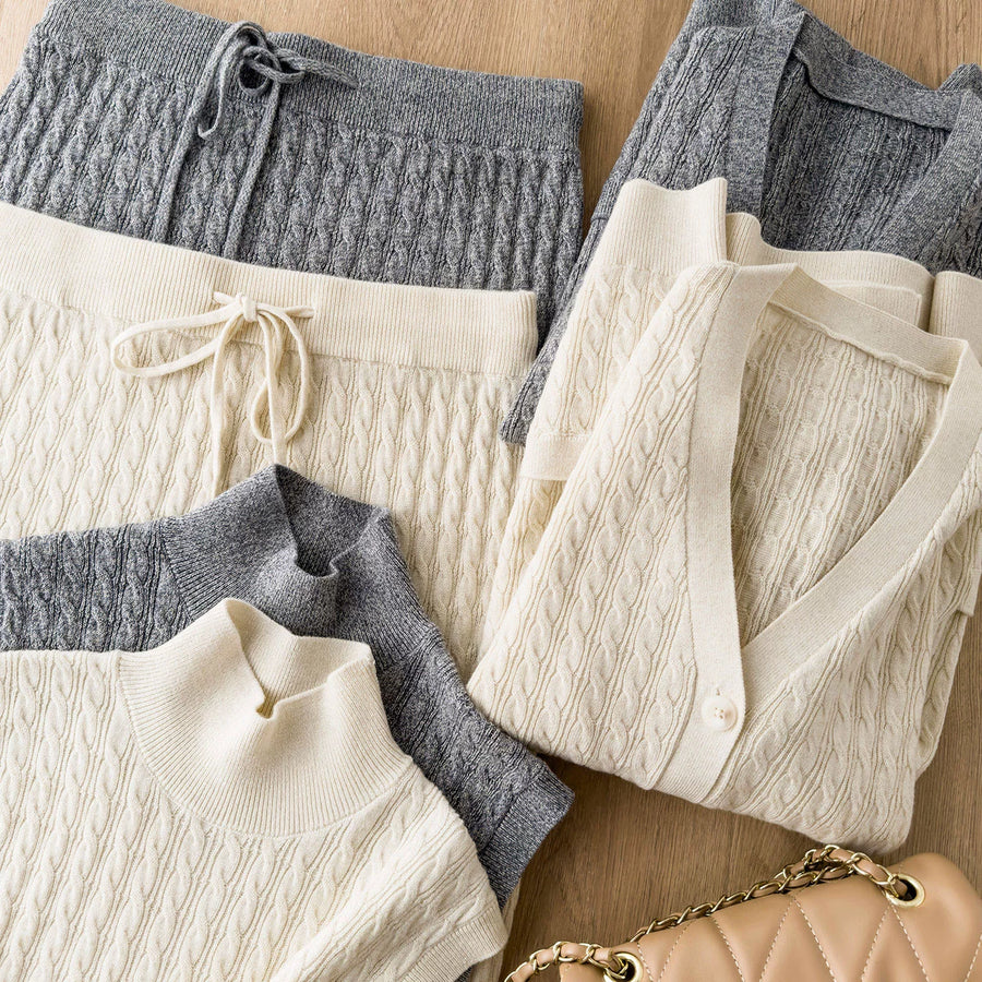 French Luxury Old Money Style Loose Relaxed Gold and Silver Thread Intarsia Wool Knit Cardigan/Top/Half Skirt for Women