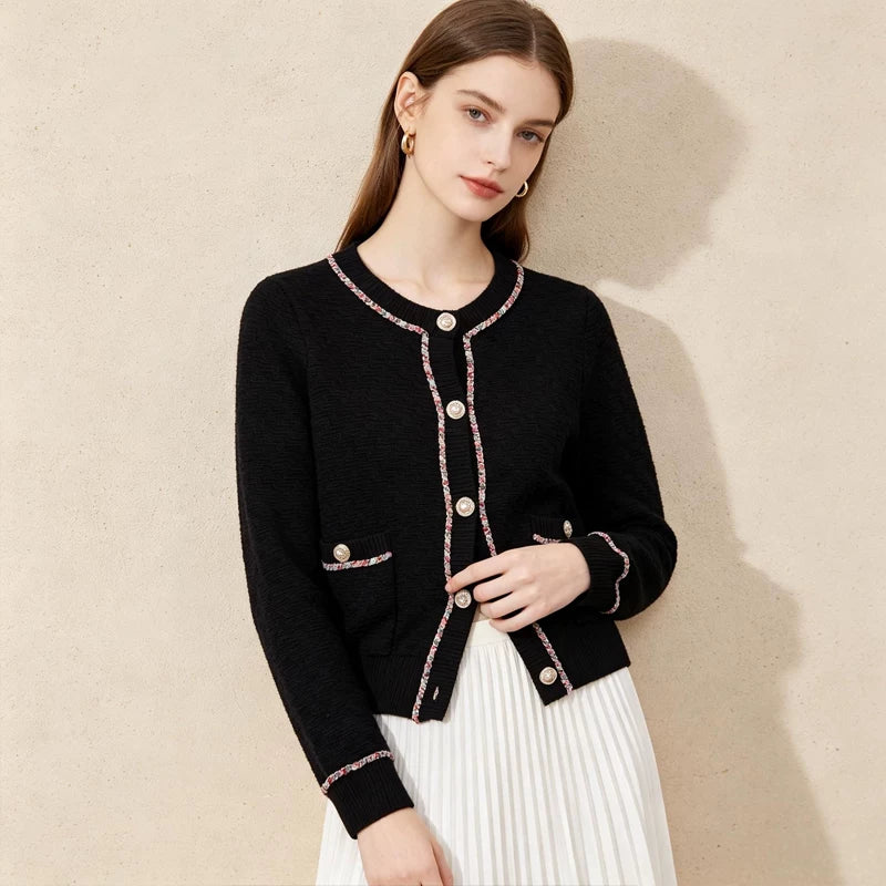【سلسلة ملونة ونقشة سحابية】كارديغان محبوك بياقة دائرية على الطراز الفرنسي الصغير 263016