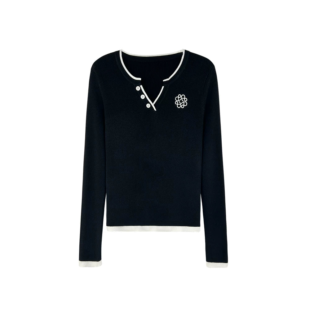 [Mina Exclusive] Sheep wool flower embroidery contrasting color trim V-neck knitted shirt M2506058